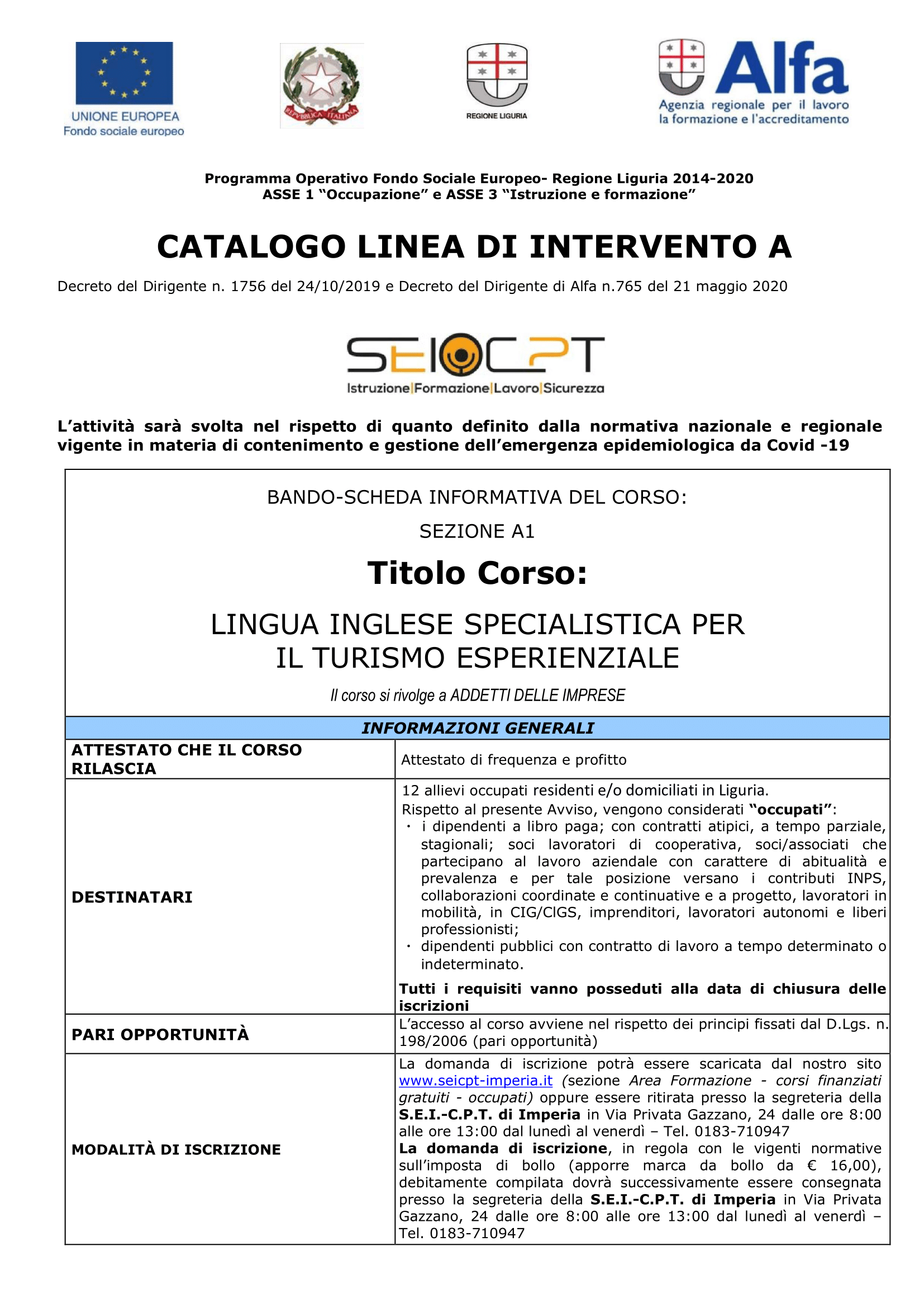 Lingua inglese specialistica per il turismo esperienziale – A1 • d